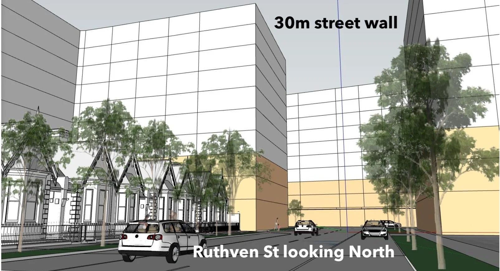 A digital rendering of an urban street scene showing residential houses on the left with trees, a parked car in the foreground, and a large modern multi-story building behind it. The scene is labeled as 'Ruthven St looking North' with a note indicating a '30m street wall'.