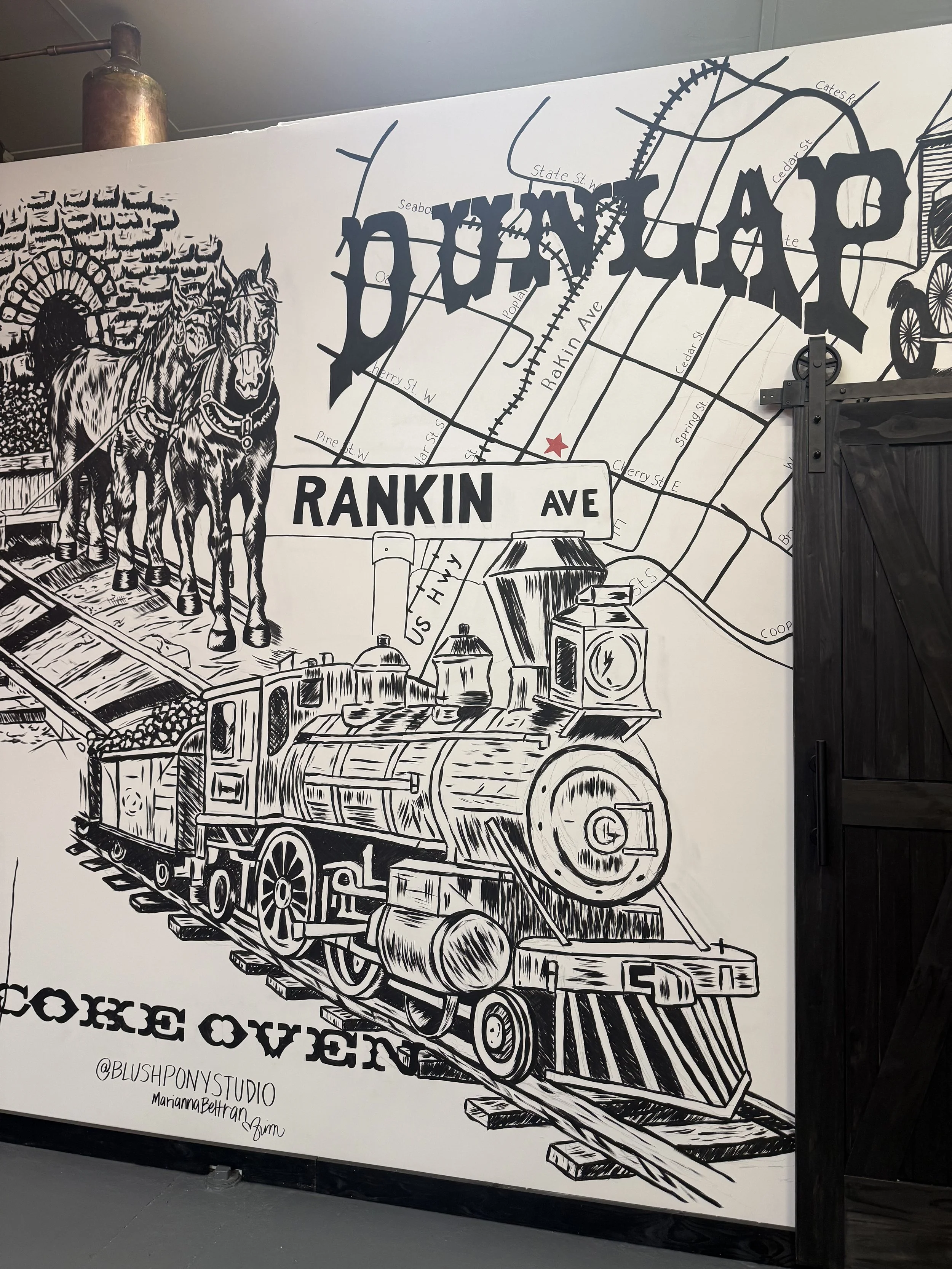 Black and white sketch pad-like mural featuring a train on tracks, a street map with street names, a red star, street names, and the text 'RANKIN AVE'. The mural also includes a drawing of a horse-drawn carriage and some bottles.