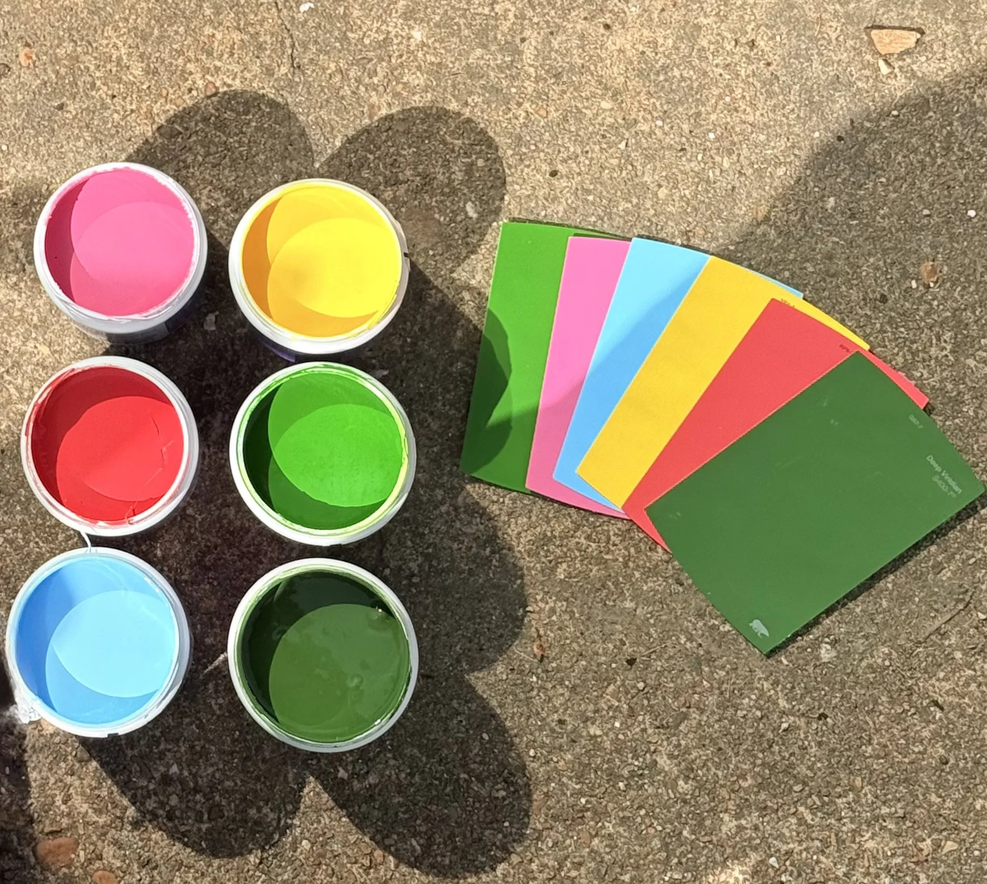 Professional custom-mixed paint colors prepared for a hand-painted mural, window painting, and custom artwork project by Blush Pony Studio.