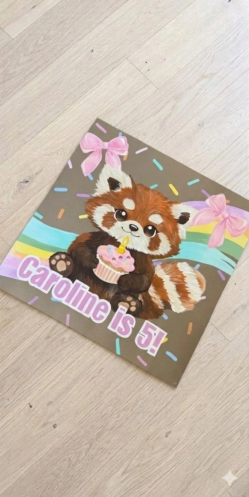 Hand-painted custom birthday banner featuring a cute red panda wearing a party hat with colorful confetti and personalized name lettering, created by Blush Pony Studio.