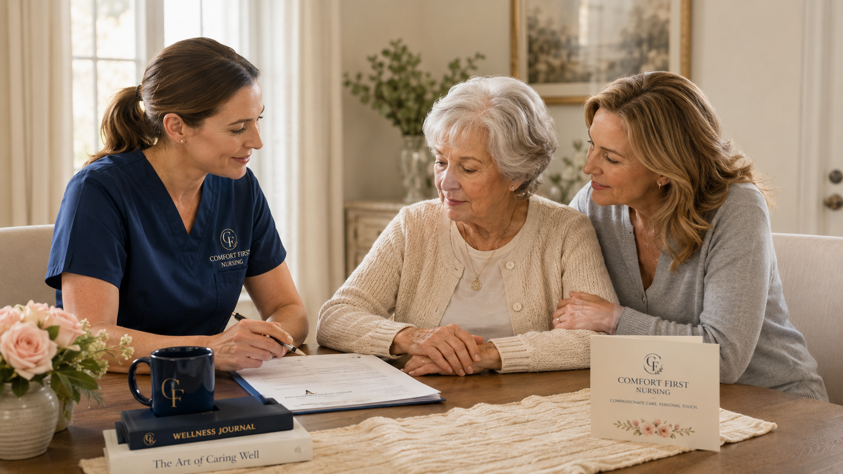 Nurse meeting with older adults to discuss care plans, wellness goals, and support services.