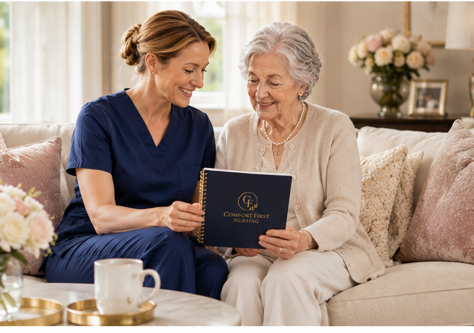 A young female nurse in navy scrubs sitting on a sofa with an elderly woman, both looking at a notebook with a logo and the words 'Comfort First Nursing' on the cover, in a cozy, well-lit living room with flowers and decorative pillows.
