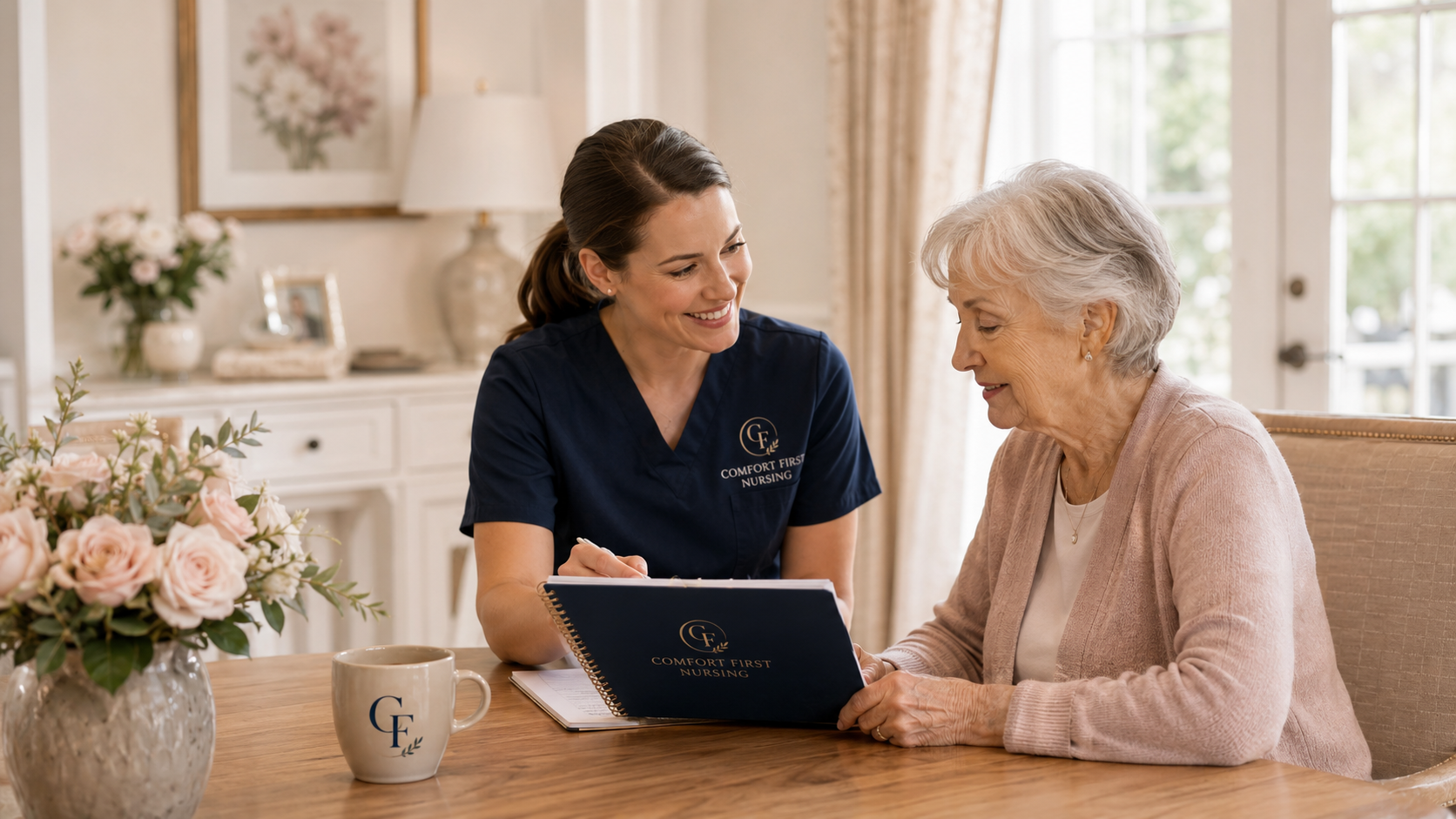 Compassionate nurse providing one-on-one support and wellness guidance for an older adult.