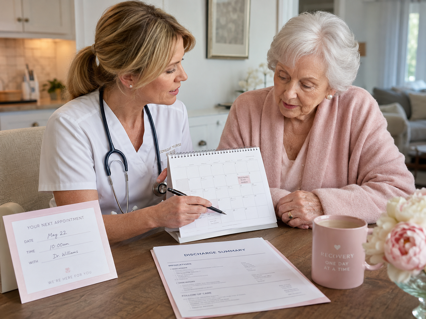 Nurse helping an older adult stay organized with appointments, wellness visits, and care planning.