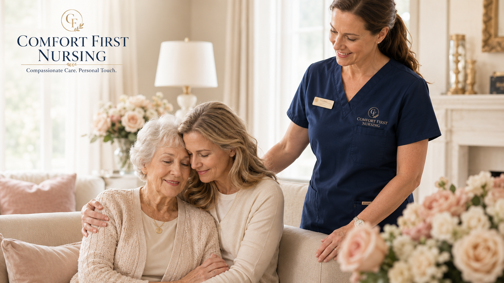 Compassionate nurse providing companionship and support to older adults in a comfortable home setting.