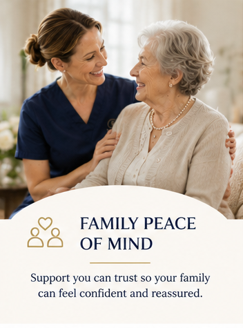 Compassionate nurse providing senior wellness support and companionship to help older adults age safely at home.