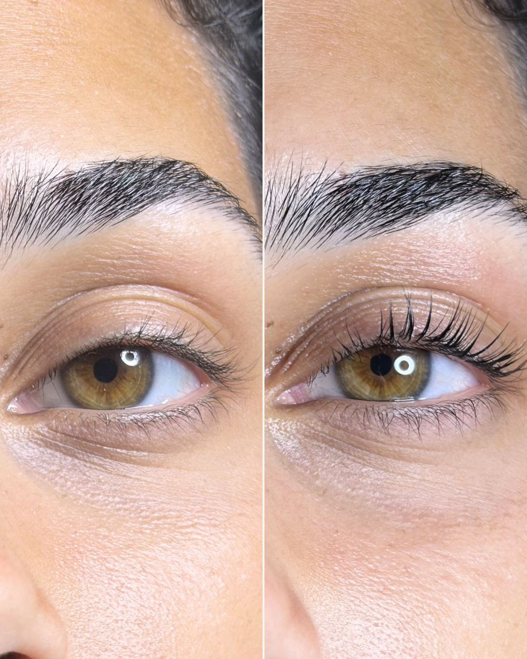 Close-up of a person's eye showing before and after eyelash enhancement, with natural lashes on the left and enhanced, longer lashes on the right.