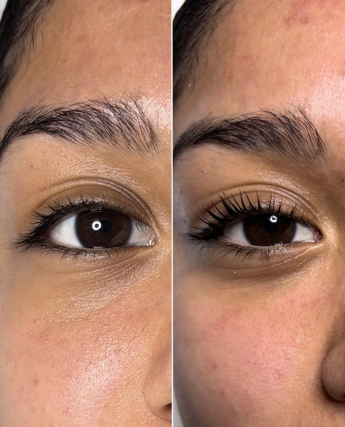 Side-by-side close-up view of a person's eye before and after applying mascara, showing enhanced eyelashes in the 'after' image.