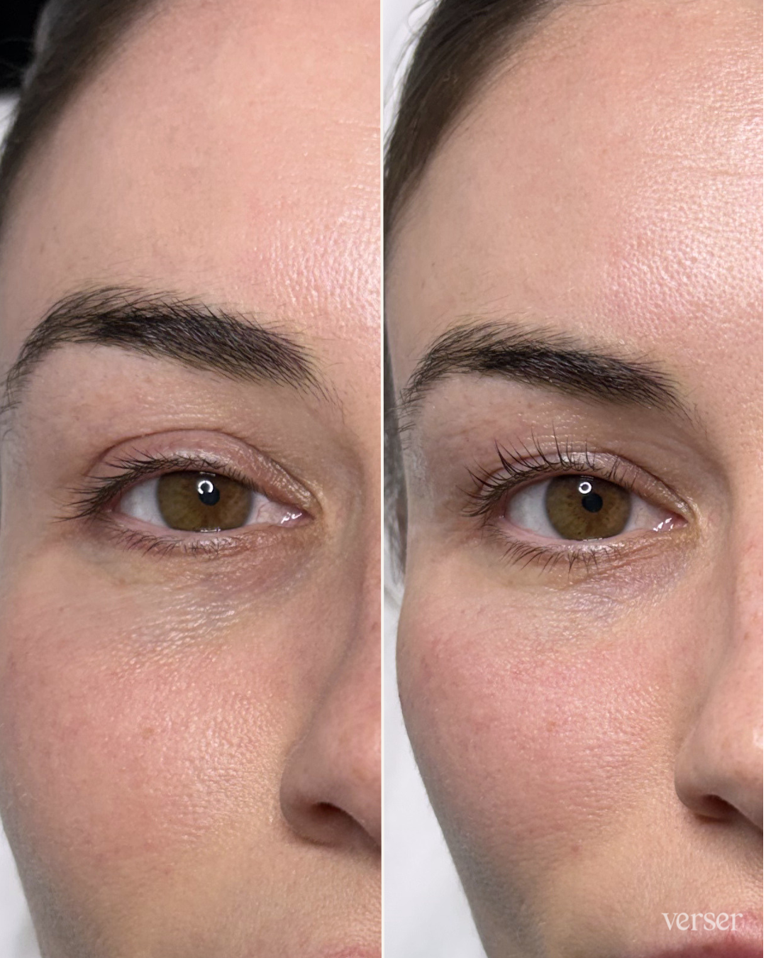 Close-up of a person's face showing a before and after comparison of eyebrow makeup and eyelash enhancement. The left side shows sparse eyebrows and eyelashes, while the right side shows fuller, groomed eyebrows and longer eyelashes.