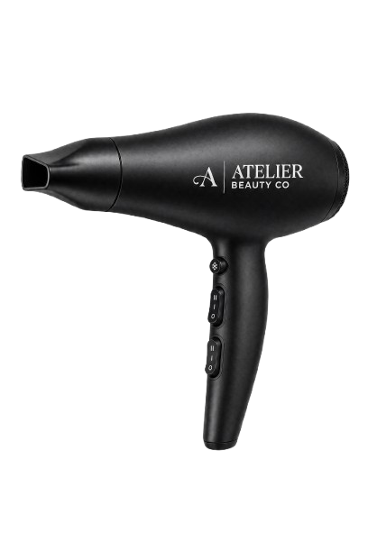Black hair dryer with the text 'ATELIER BEAUTY CO' on the side.