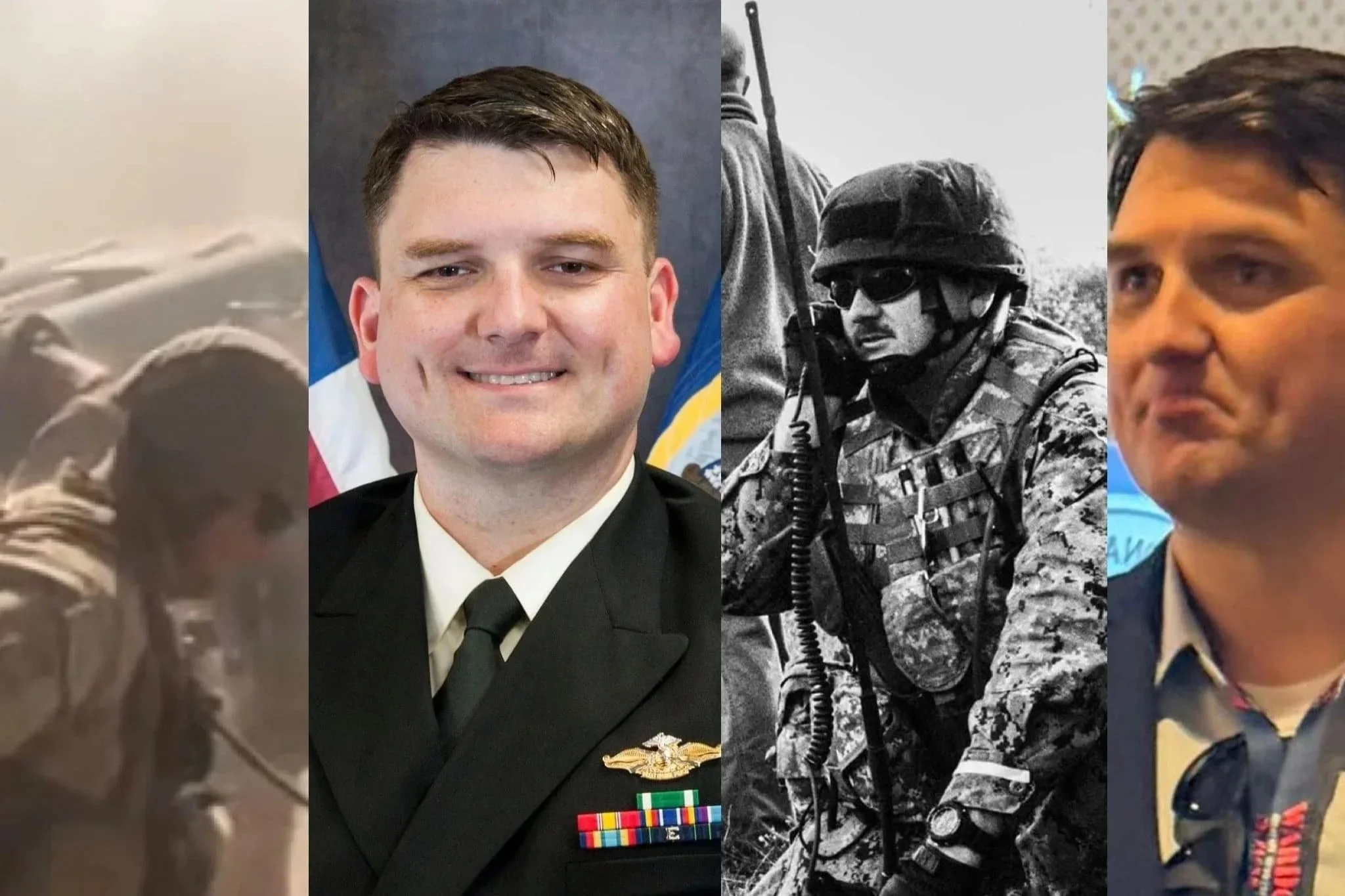 Images of William King-Lewis, MD, FAAFP. Him in the field firing an M-777 Howitzer, In his dress blues, in the field operating a SINGARs radio, and presenting at a Family Medicine Conference
