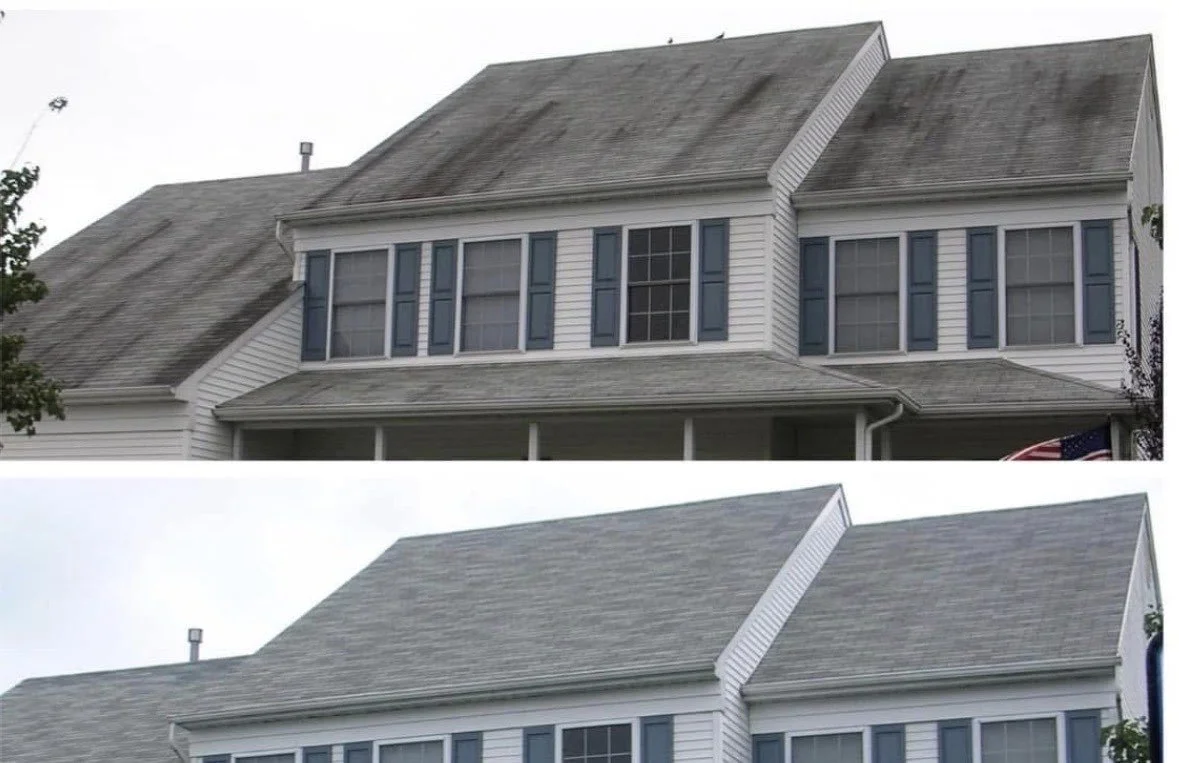 Comparison of a house before (top) and after (bottom) roof cleaning and restoration, showing a cleaner, whiter roof in the after image.