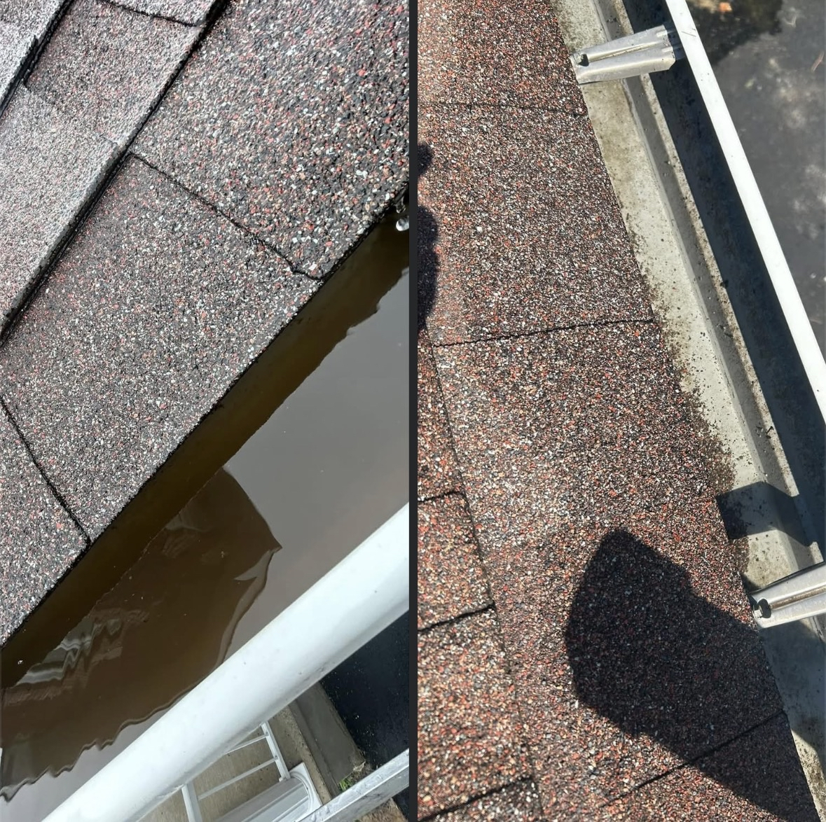 Comparison of roofing shingles, with new, clean red and black speckled shingles on the right, and older, dirty shingles with water damage on the left.