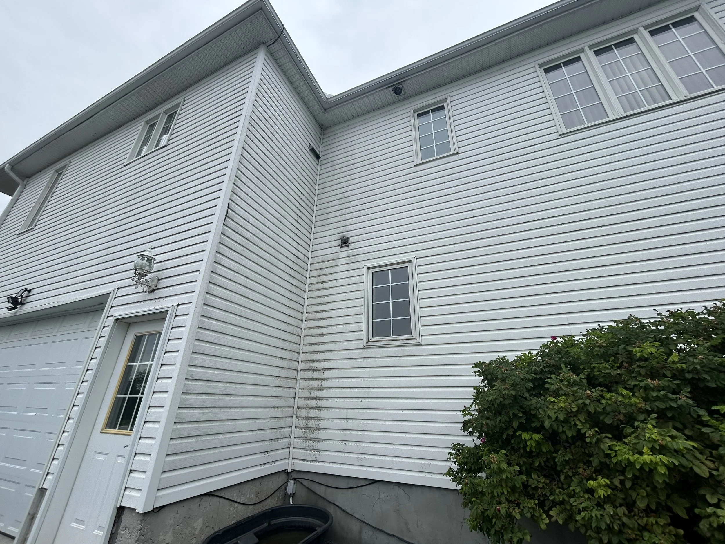View of the side of a white, vinyl-sided house with multiple windows, a garage door, and some bushes at the bottom right corner.