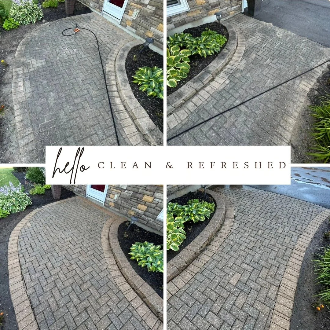 Sequence of four images showing the cleaning and restoration of a brick patio, with plants and outdoor lighting, signs in the center reading 'hello CLEAN & REFRESHED'.