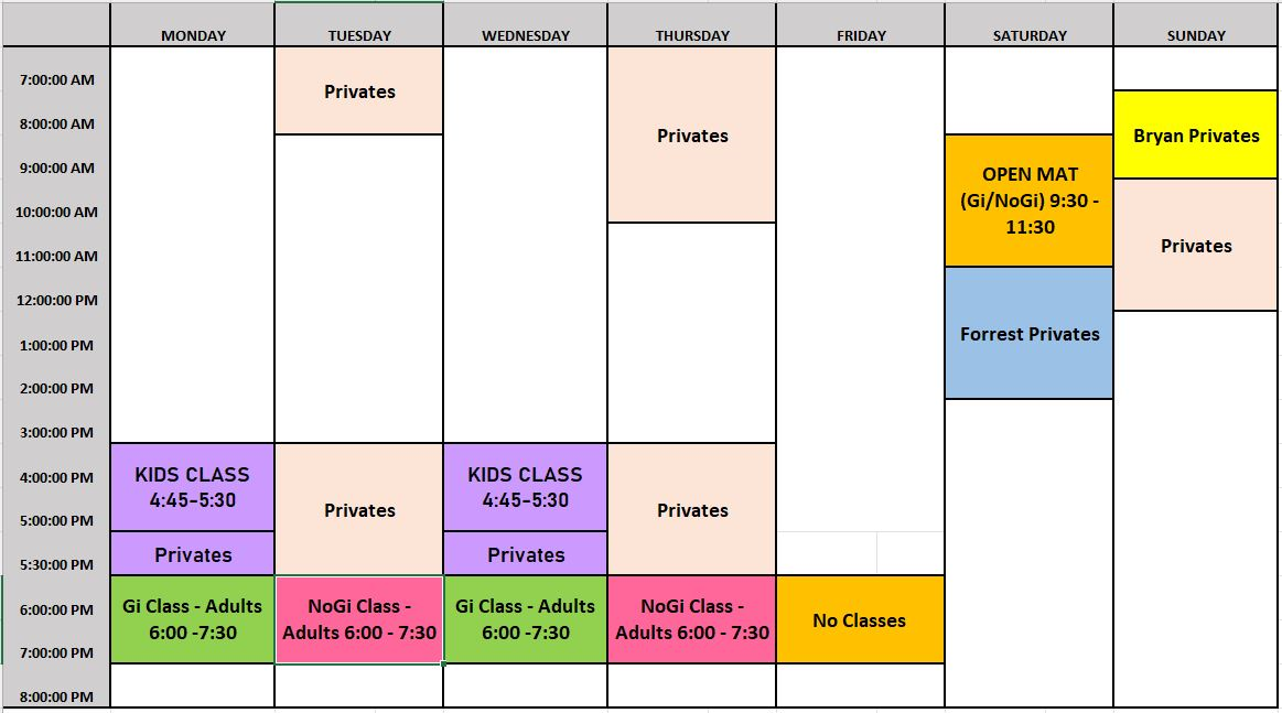 Weekly schedule with classes and private sessions from Monday to Sunday, including kids classes, adult classes, private lessons, and open mat hours.