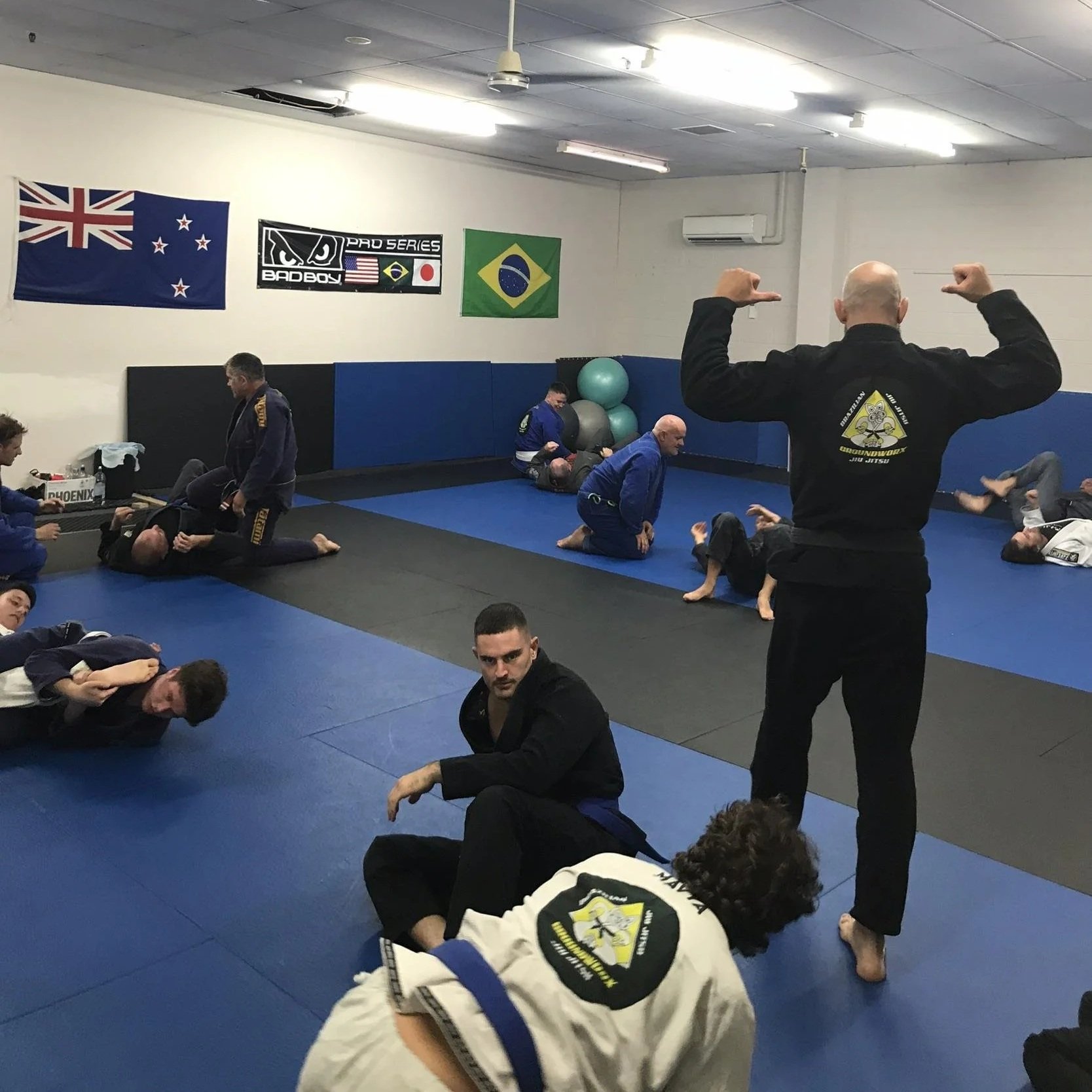 Martial arts class in a dojo with flags and banners on the wall, students practicing grappling techniques, and an instructor demonstrating a move, with participants on blue mats.