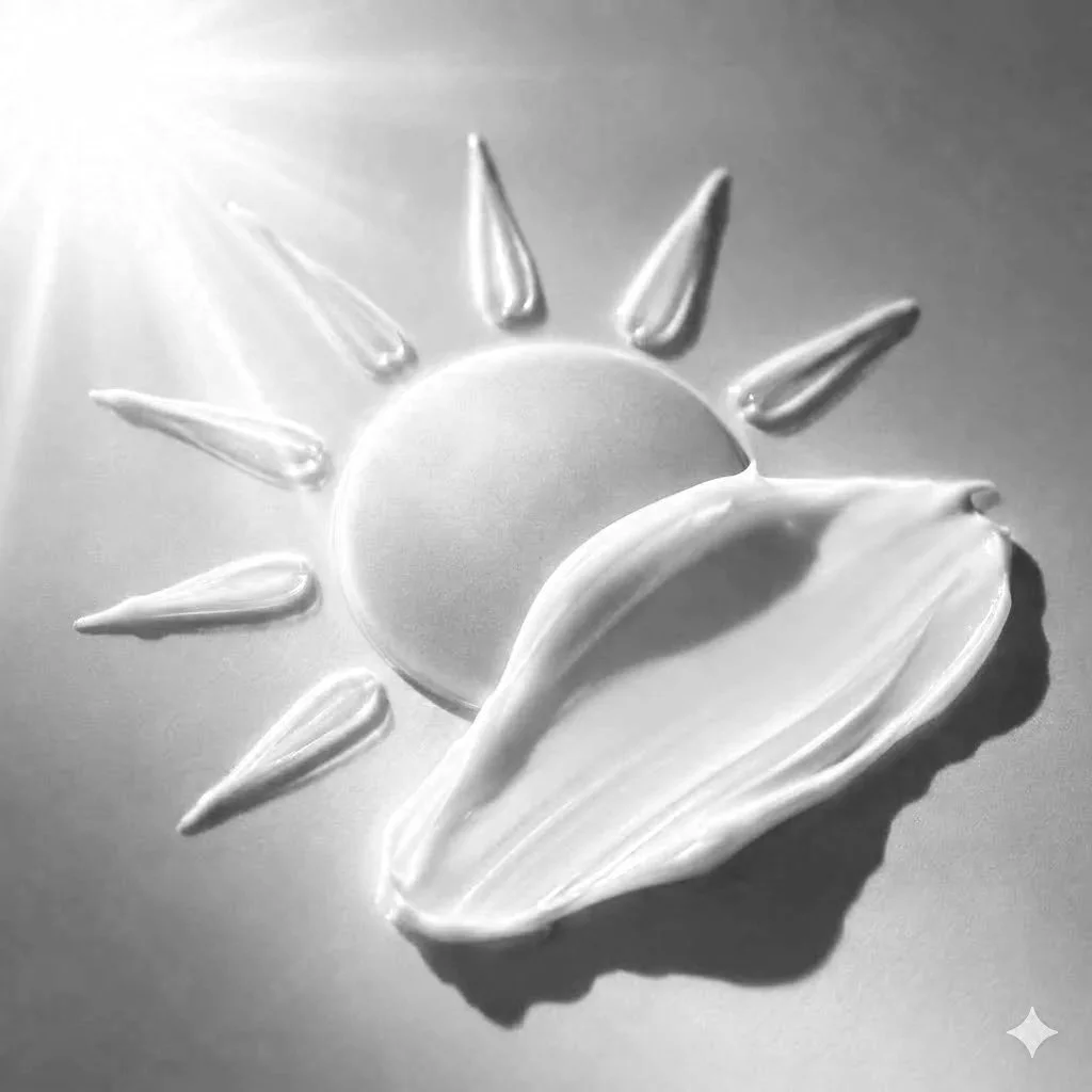 Step 4.  Protect your skin during the day with an SPF sunblock or sunscreen.  Black and white image of a sun with elongated rays and a half-open flower petal in front.