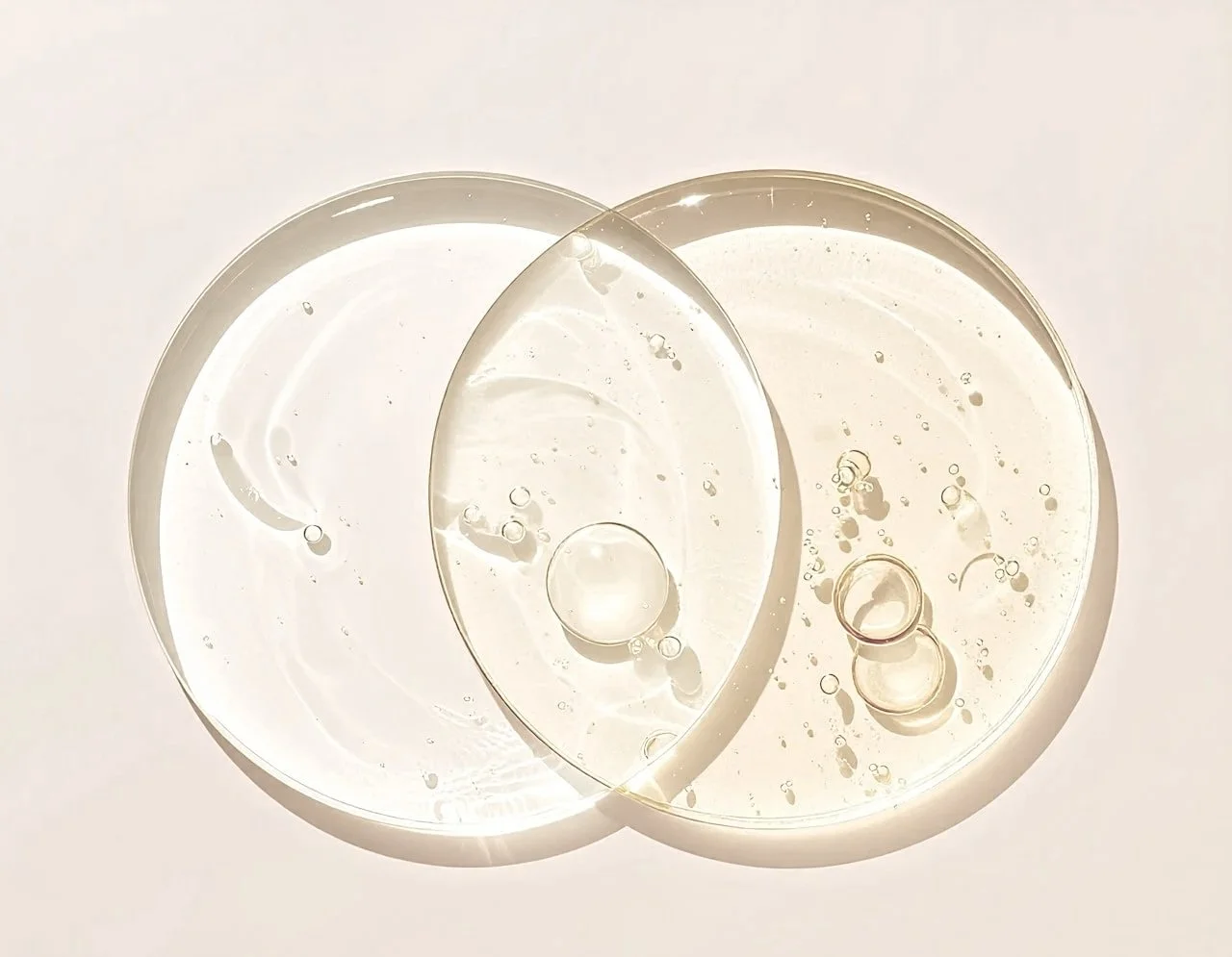Two clear drops of transparent liquid and small bubbles, arranged overlapping on a white surface.