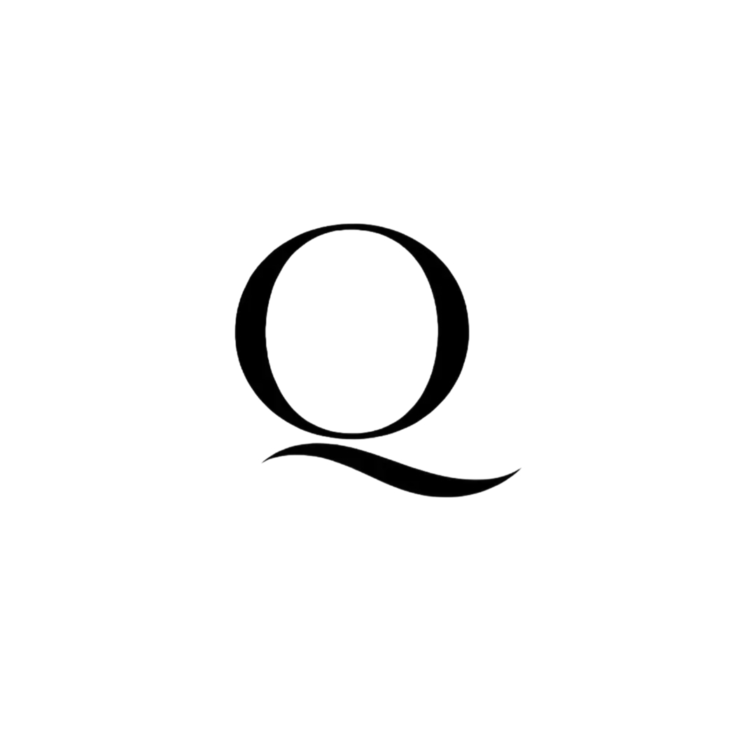 A stylized black letter Q on a white background.