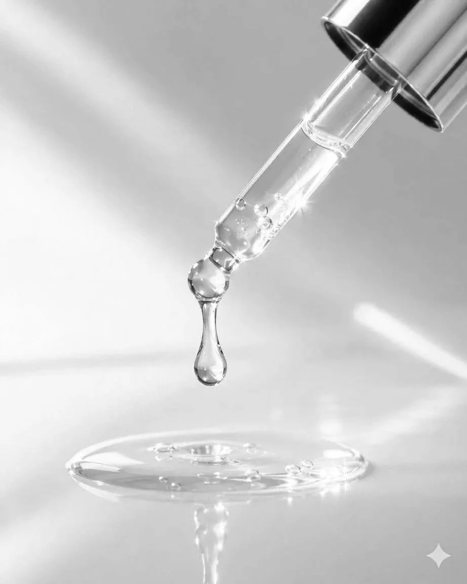 Step 2.  Nourish skin with a serum. A close-up black and white photograph of a glass dropper with liquid, dripping into a shallow pool of the same liquid on a flat surface.