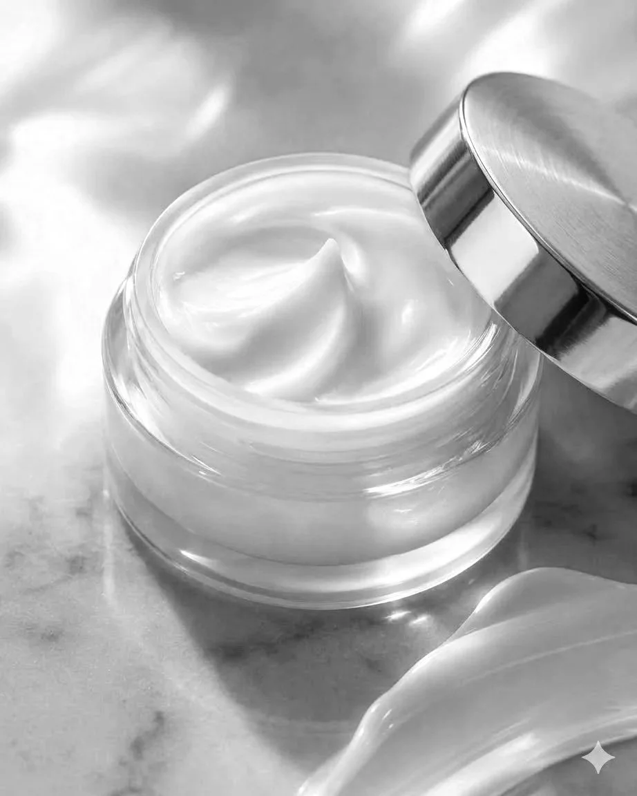 Step 3.  Moisturize your skin. Open jar of white cream with a silver lid and a dollop of cream spilled on white surface.