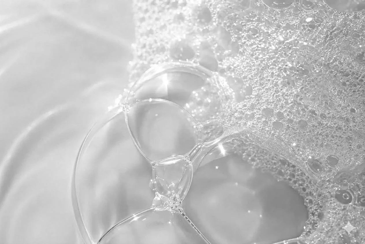 Step 1.  Cleanse skin. Close-up of soap bubbles and foam on a surface.