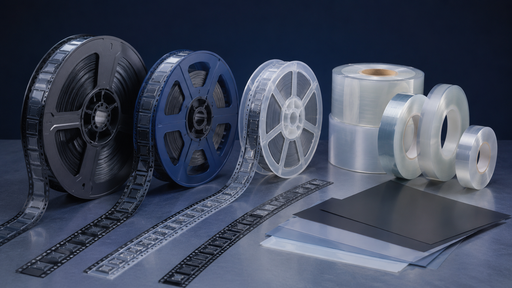 Spools of 3D printer filament and reels of film on a metallic surface.
