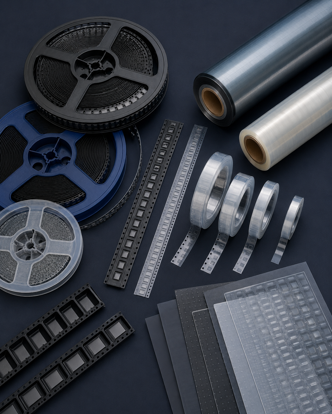 Various rolls of film, plastic strips, and sheets, likely used for photography or electronic components, arranged on a dark surface.