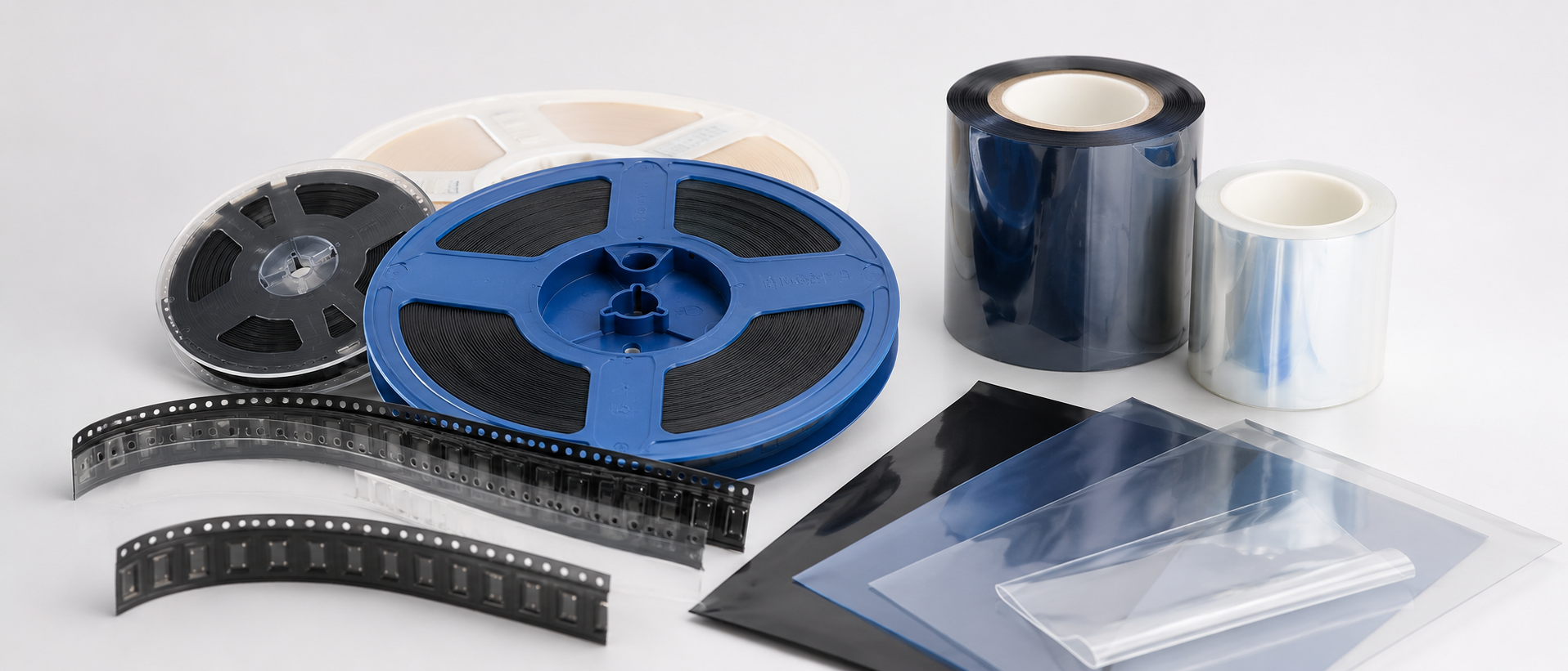 Various rolls of 8mm and 16mm film and plastic storage sleeves on a white background.