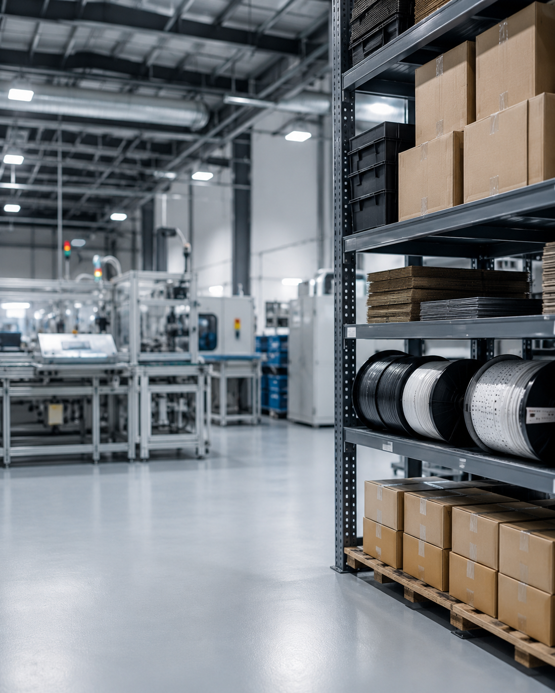 Industrial warehouse with shelves holding cardboard boxes, plastic bins, and spools of wire, with manufacturing machinery in the background and a smooth concrete floor.