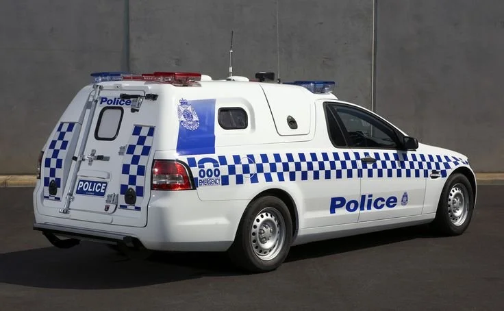 White police vehicle with blue checkered pattern and emergency lights, parked against a gray wall.