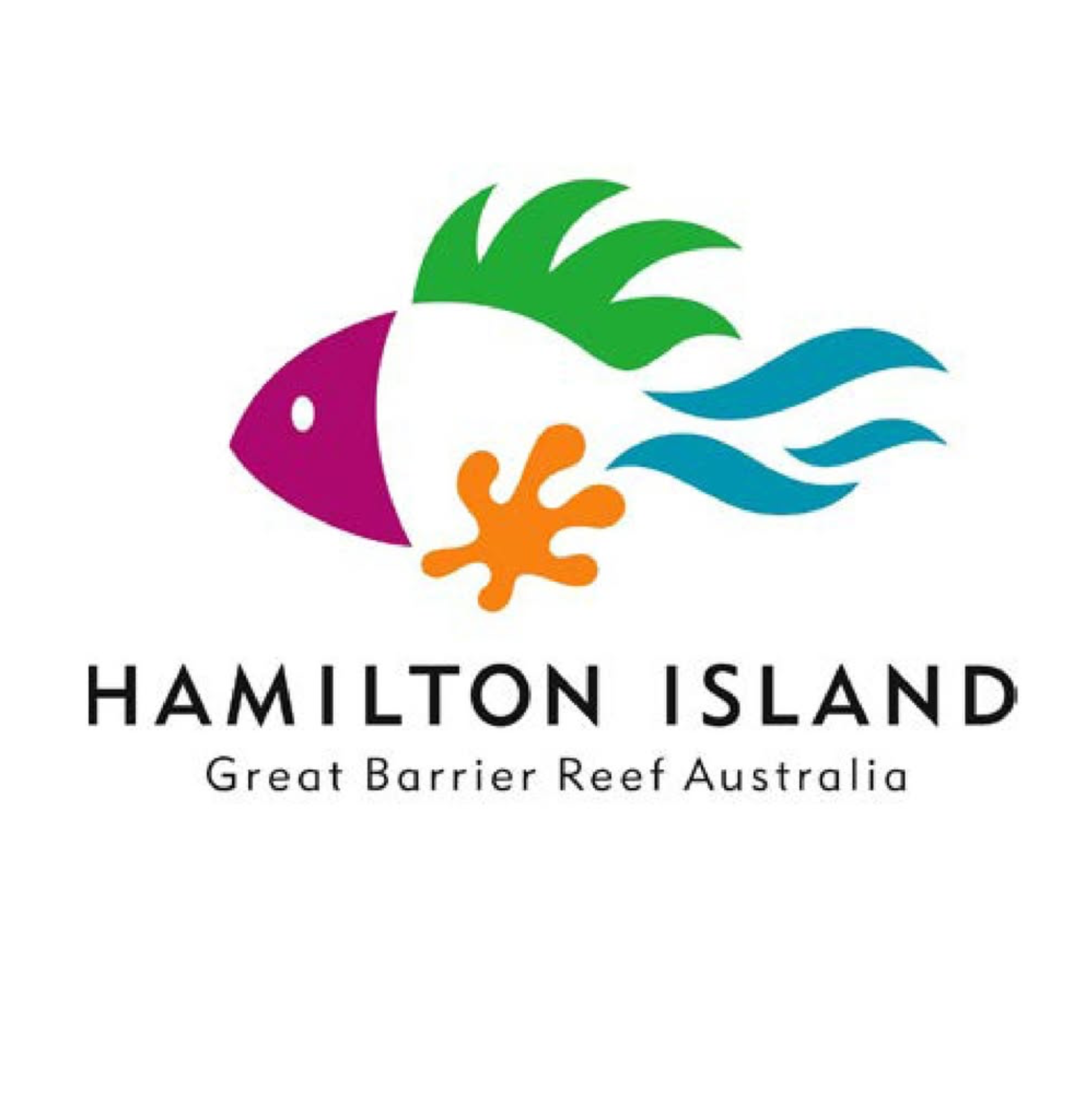 Logo for Hamilton Island featuring a stylized, colorful fish with green, purple, orange, and blue elements and text stating 'Great Barrier Reef Australia'.