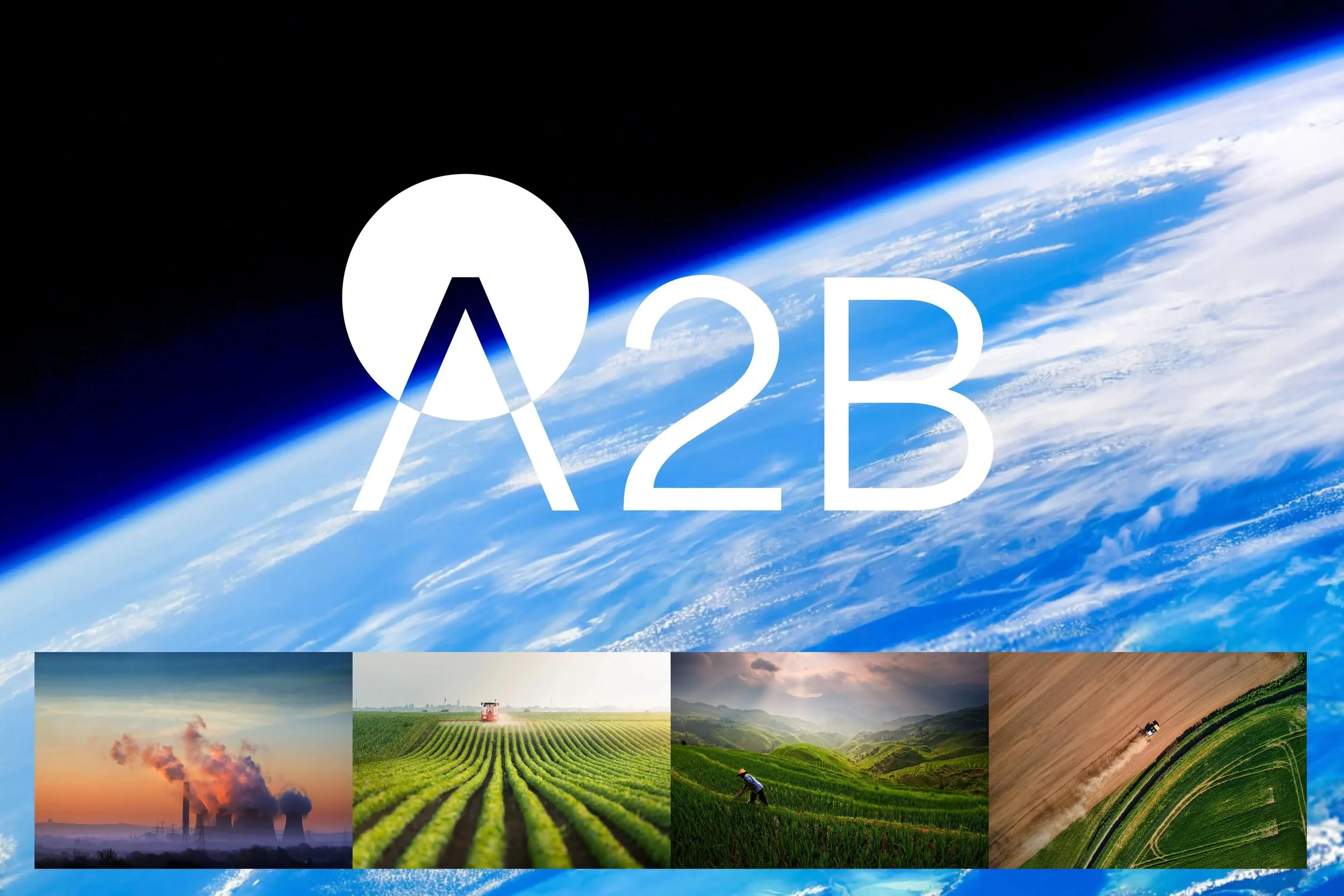 View of Earth from space with the words 'W2B' overlaid, and photos of clouds, fields, and landscapes at the bottom.