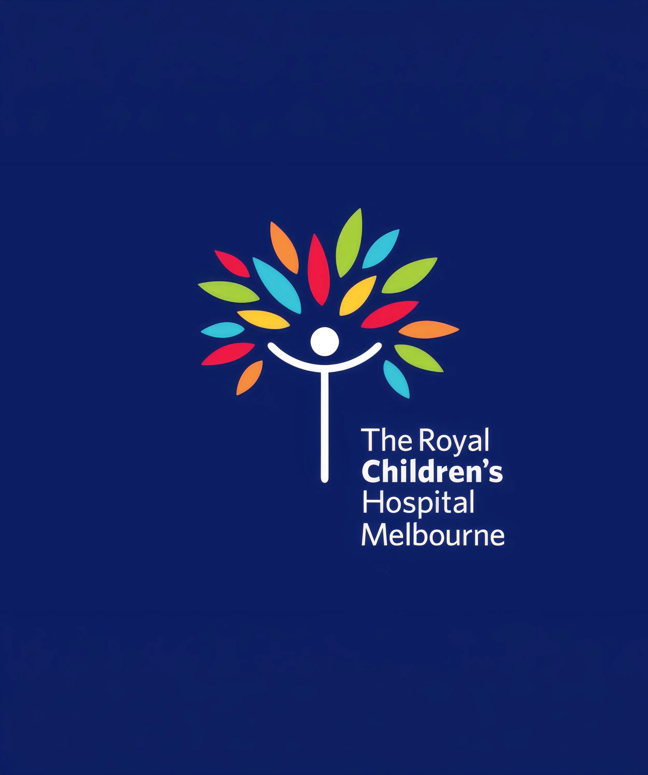 Logo for The Royal Children's Hospital Melbourne featuring a colorful, stylized tree with a smiling face at the center, set against a dark blue background.