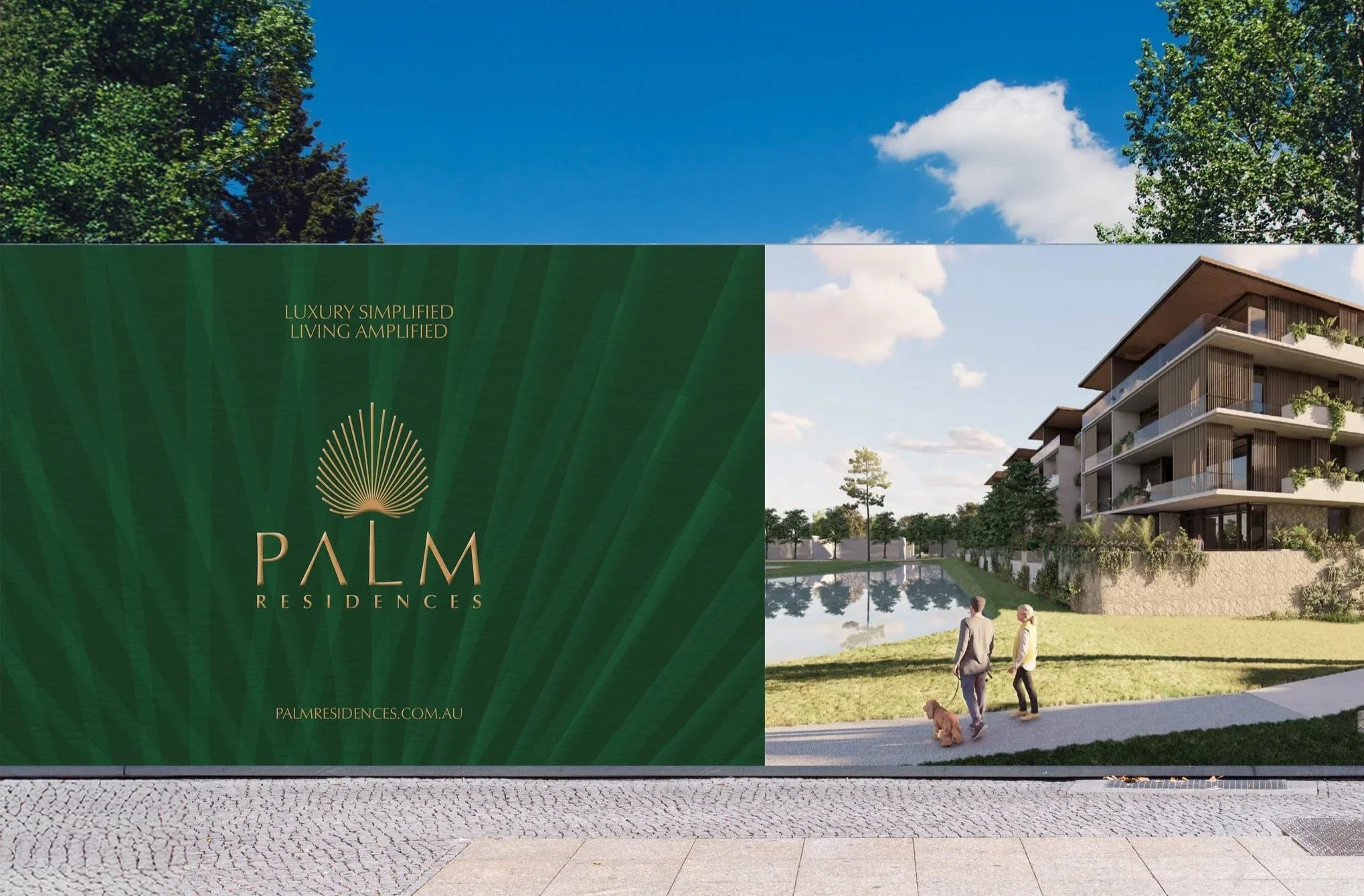 Real estate advertisement for Palm Residences featuring an architectural rendering of a modern residential building with balconies, a landscaped garden with a pond, and people walking dogs on a paved pathway beneath a blue sky with clouds.