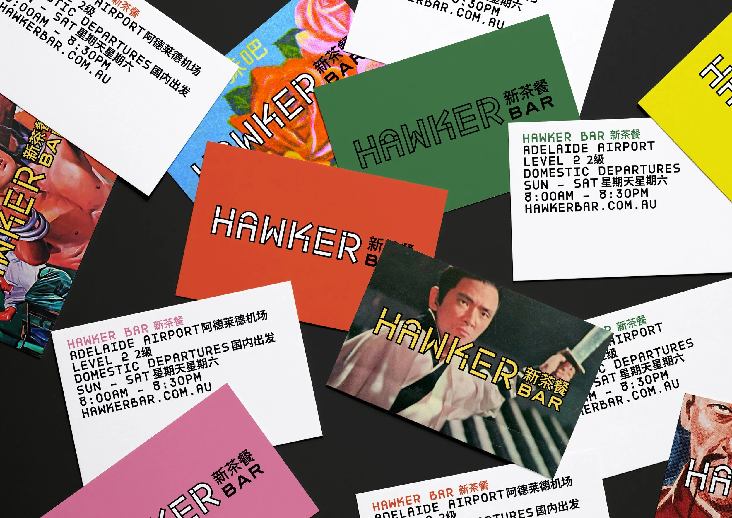 A collection of colorful flyers and tickets promoting Hawker Bar at Adelaide Airport, with details about their domestic departures, opening hours, and website, featuring vibrant graphics and images of people.