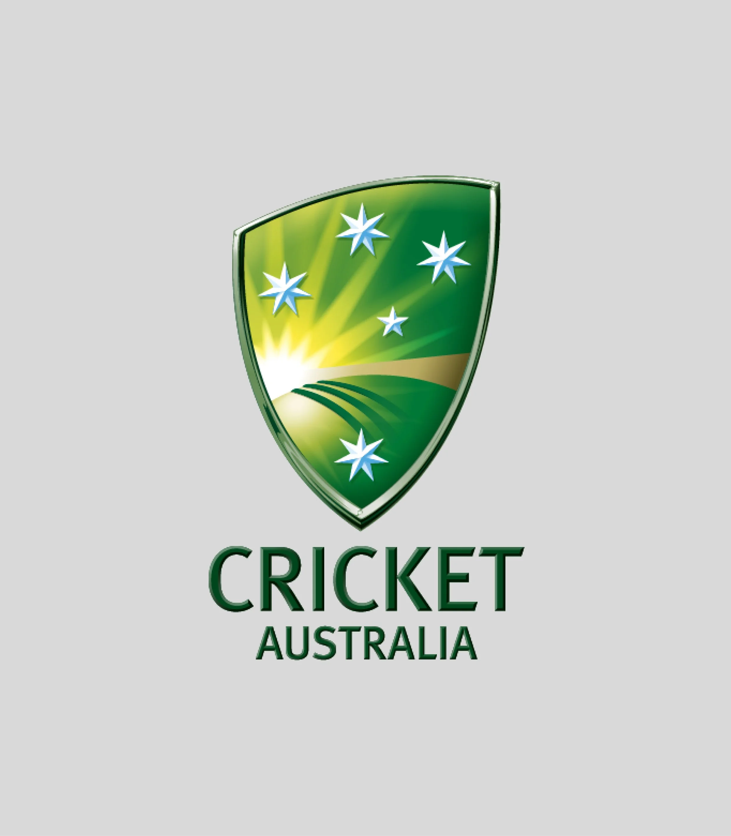 Cricket Australia logo with a green shield and a map of Australia, decorated with white star-like symbols and a yellow sunburst pattern.