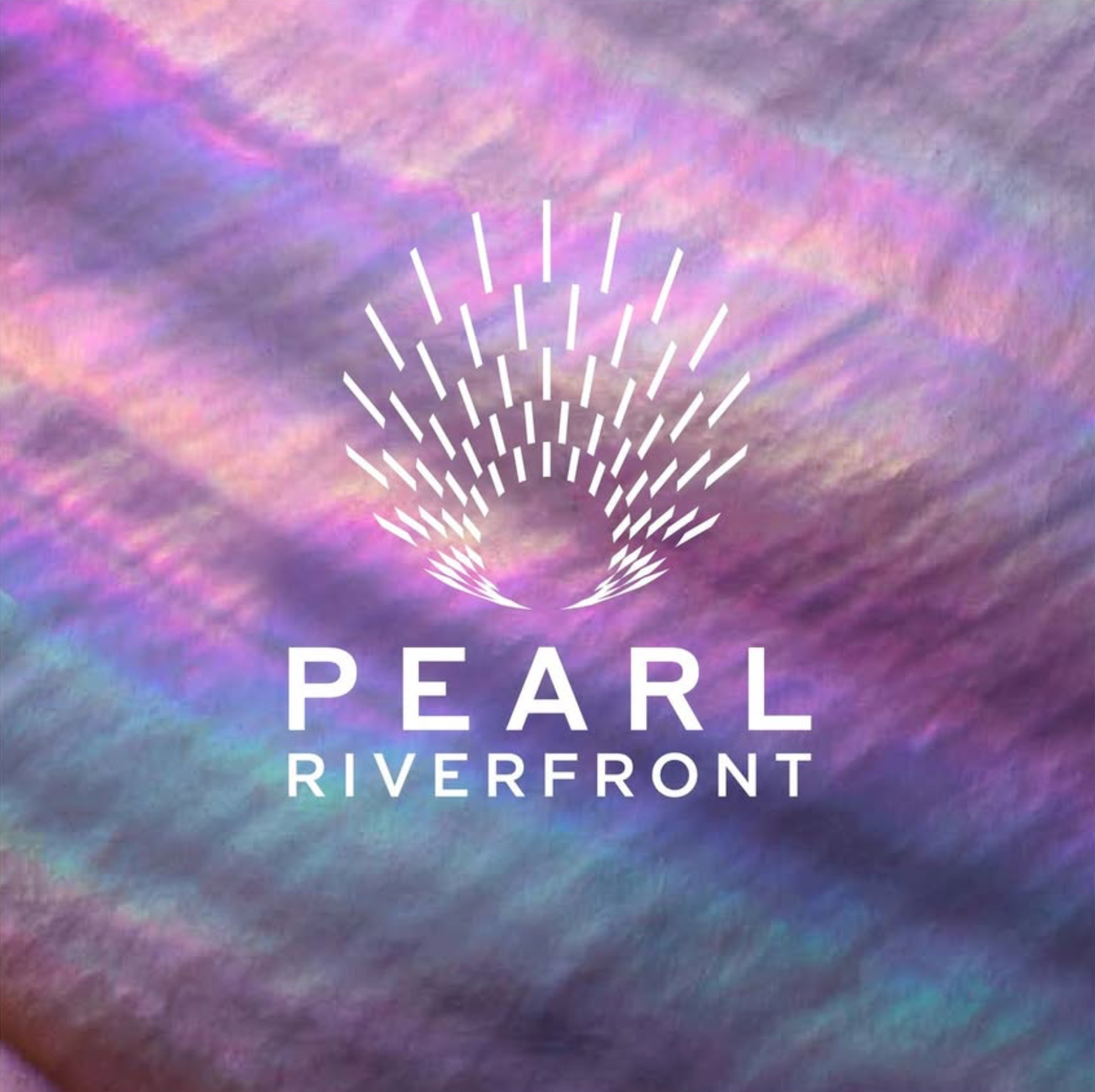 Text on a purple and pink cloud-themed background that reads: "PEARL RIVERFRONT".