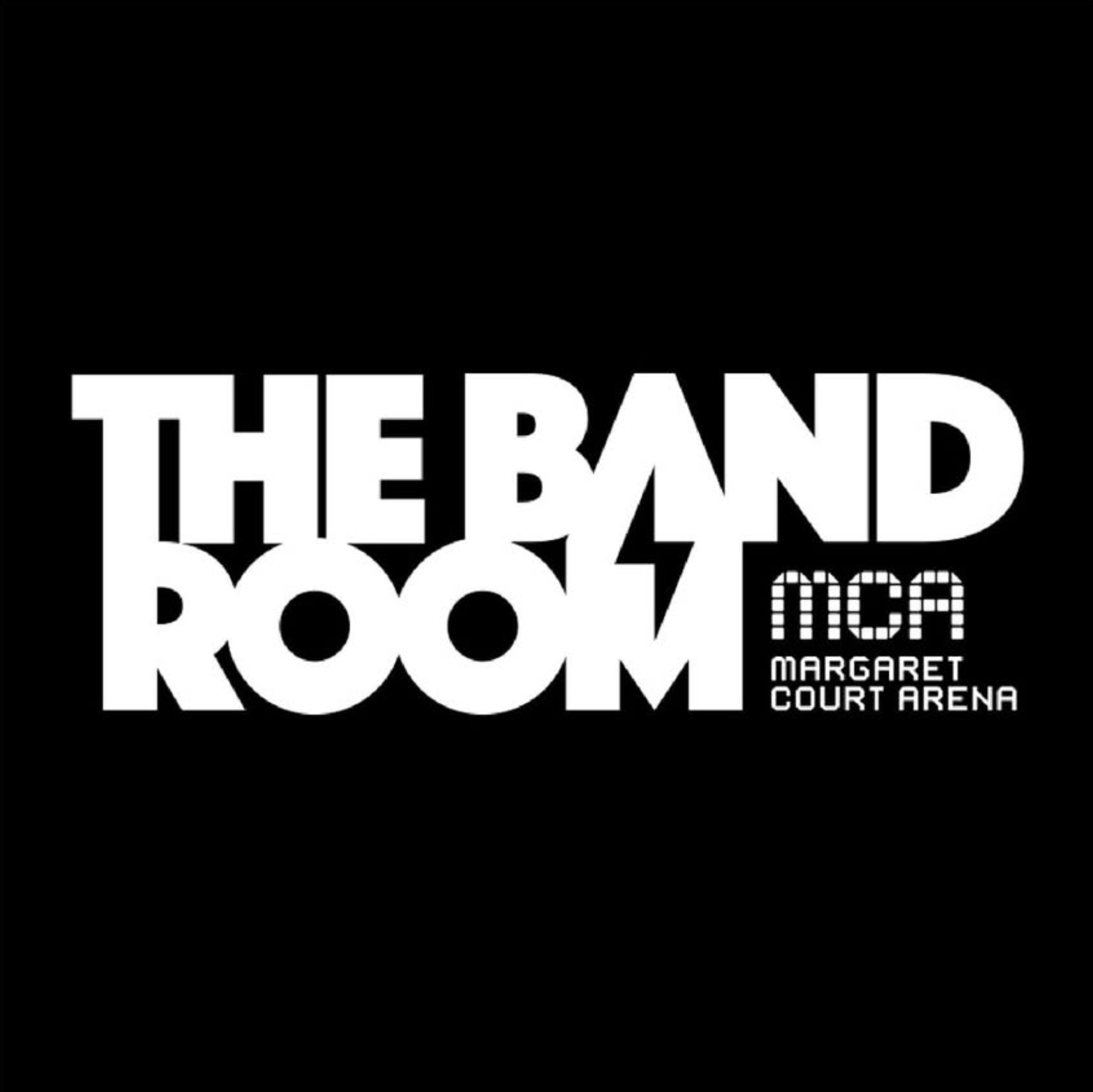 Black background with white text reading "The Band Room" and the location "Margaret Court Arena."
