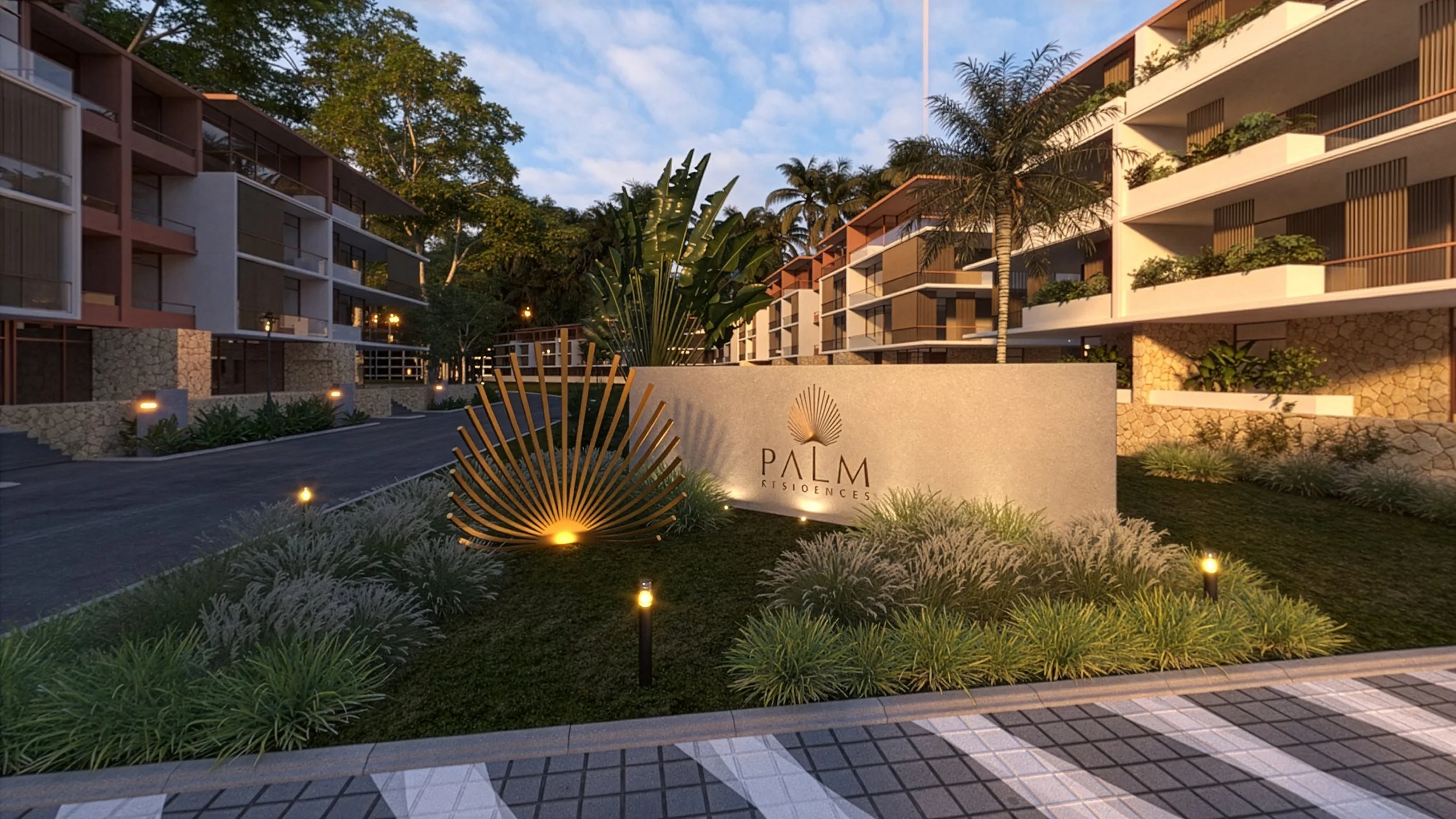 Outdoor view of Palm Residences apartment complex with landscaped gardens, palm trees, and building balconies at sunset.