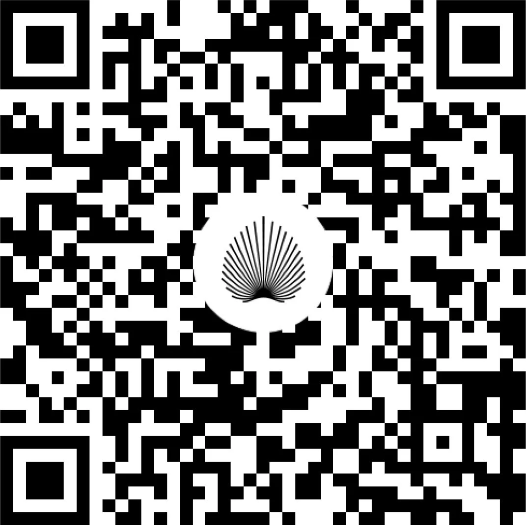 A QR code with a logo at the center featuring a stylized fan or leaf design.