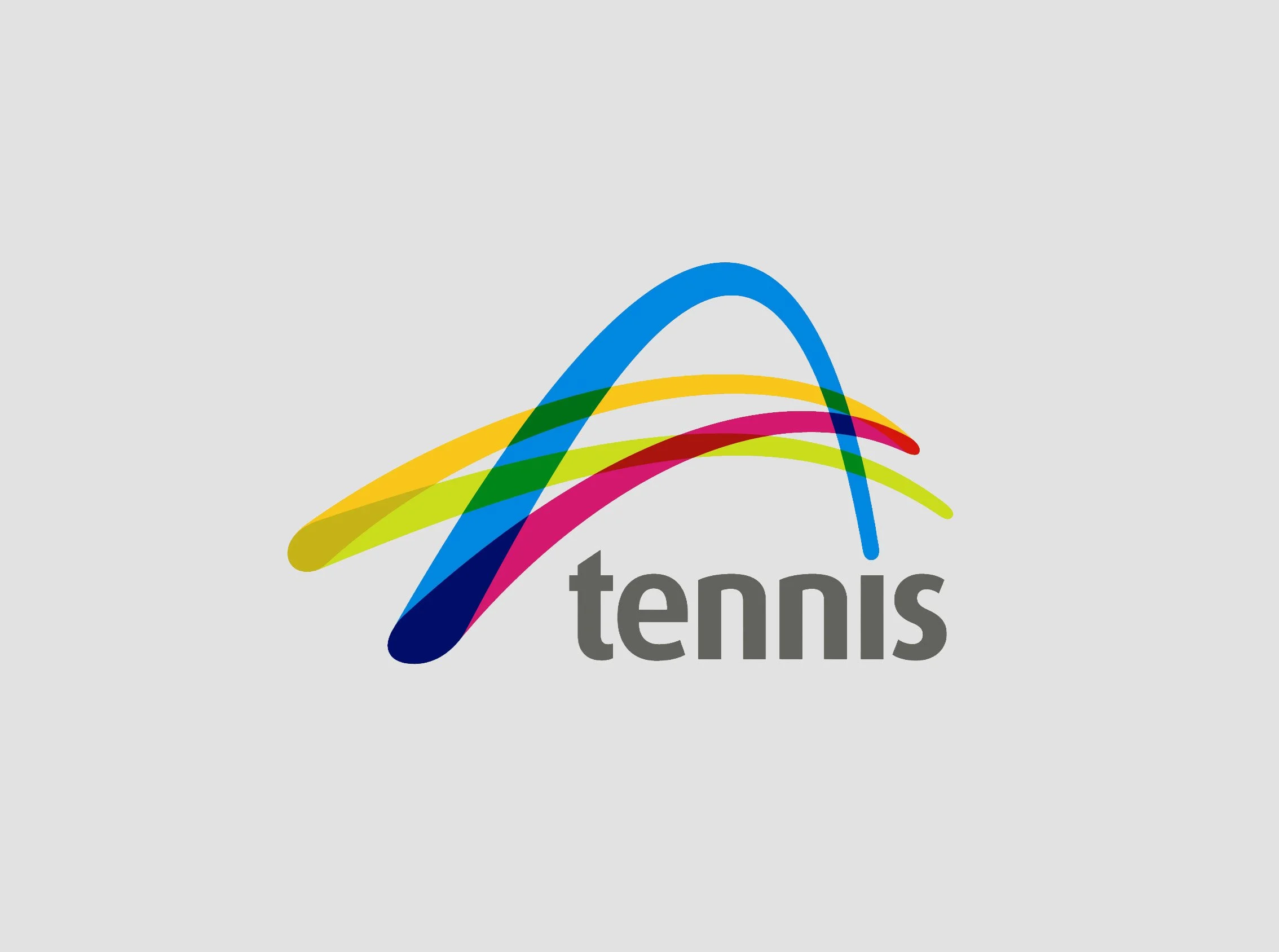 Colorful logo with curved lines in blue, green, yellow, pink, and navy blue, resembling a rainbow or wave, and the word 'tennis' in lowercase gray letters underneath.