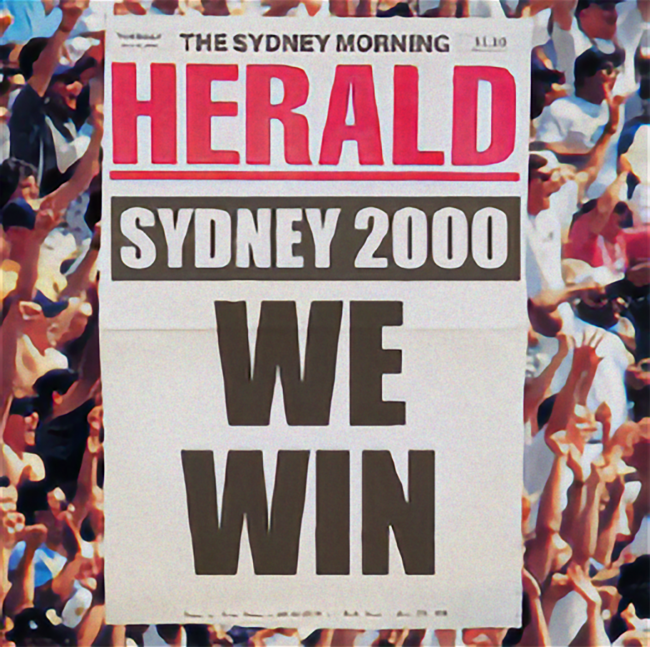 A crowd of people holding a large sign that reads "The Sydney Morning Herald" with additional text "Sydney 2000" and an image of a running figure.