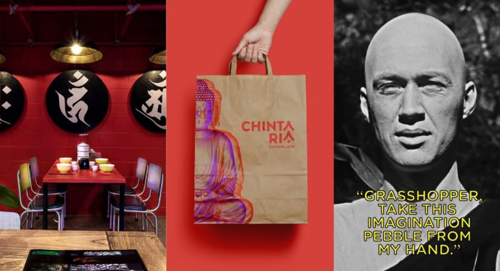 Collage with three sections: the left shows a restaurant interior with red walls, black lanterns with white characters; the middle displays a hand holding a paper bag; the right features a black and white portrait of a man with a quote reading, 'Gras