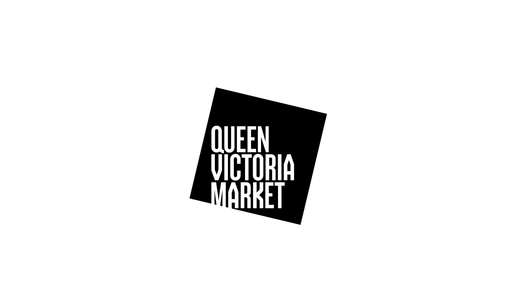 Black tilted square logo with white text that reads 'Queen Victoria Market'.