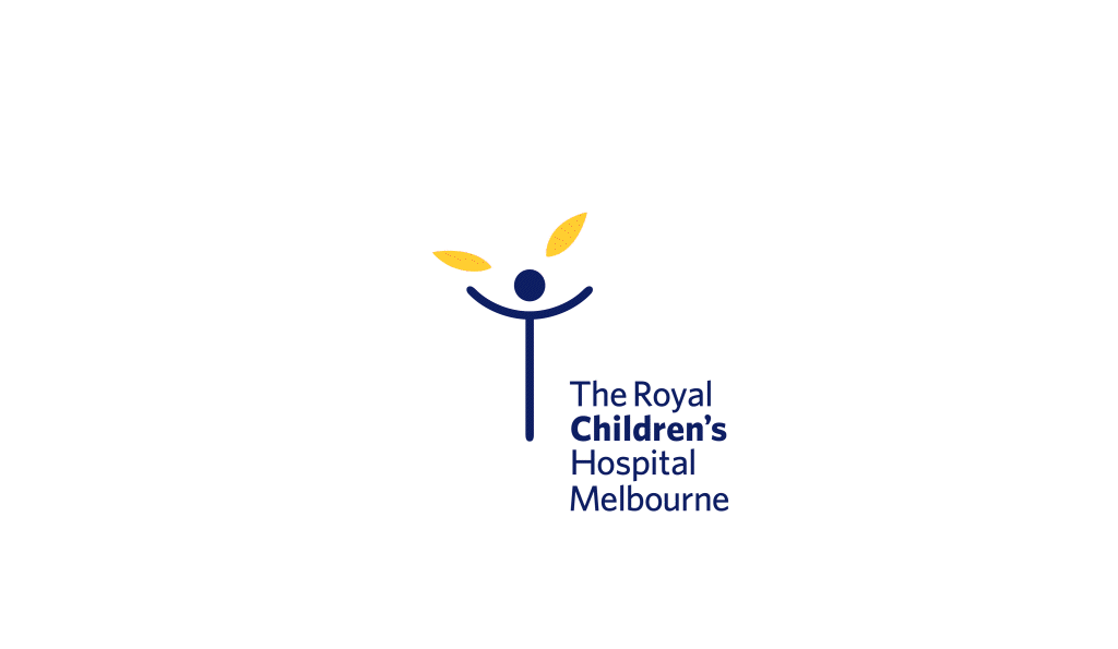 Logo of The Royal Children's Hospital Melbourne featuring a stylized figure with a dot head, curved arms, and three yellow leaves above its head, alongside the hospital's name.