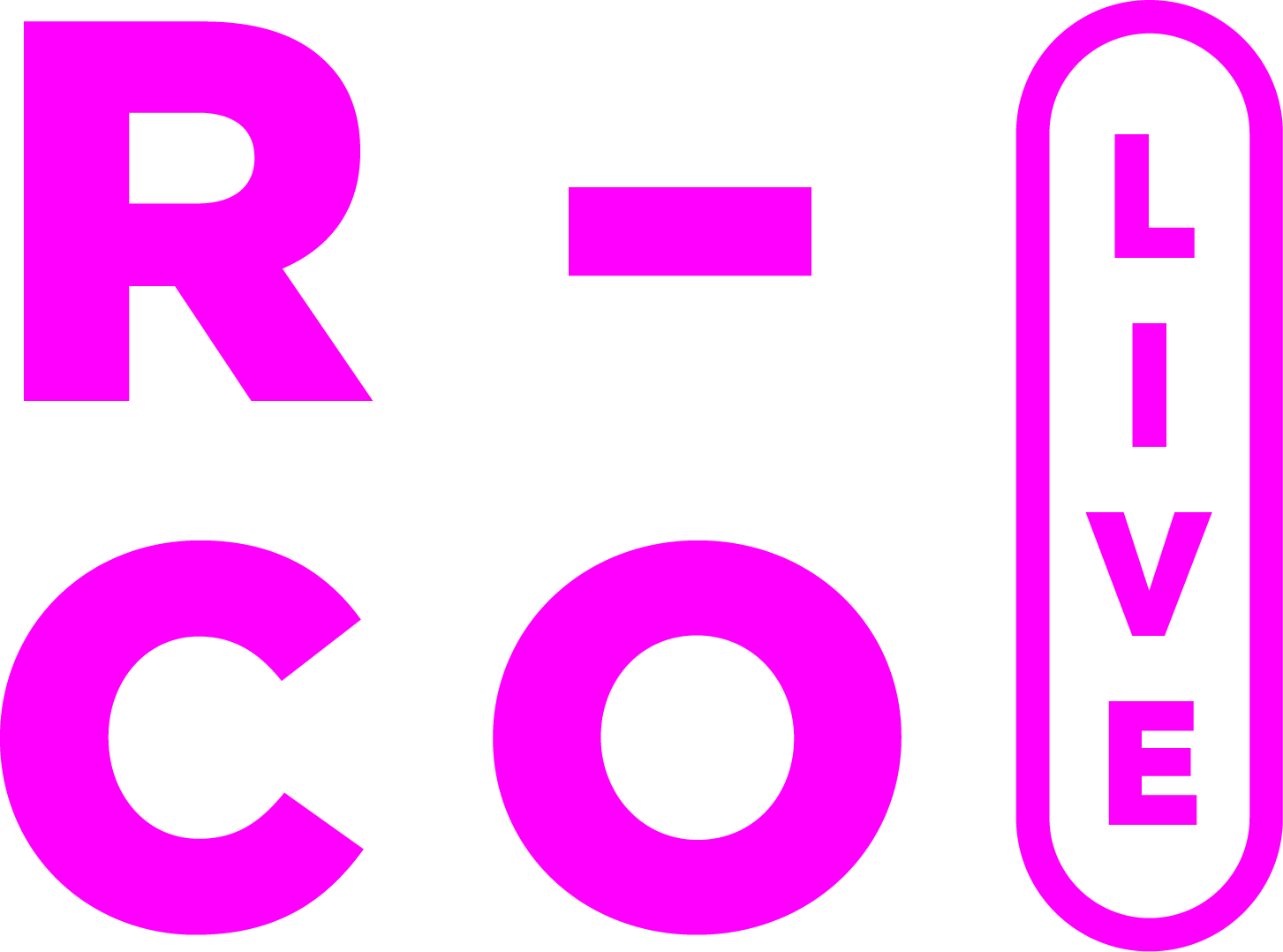 Pink text reading "R-CO" with bold letters against a black background, with a vertical pink outline on the right containing the words "LIVE".