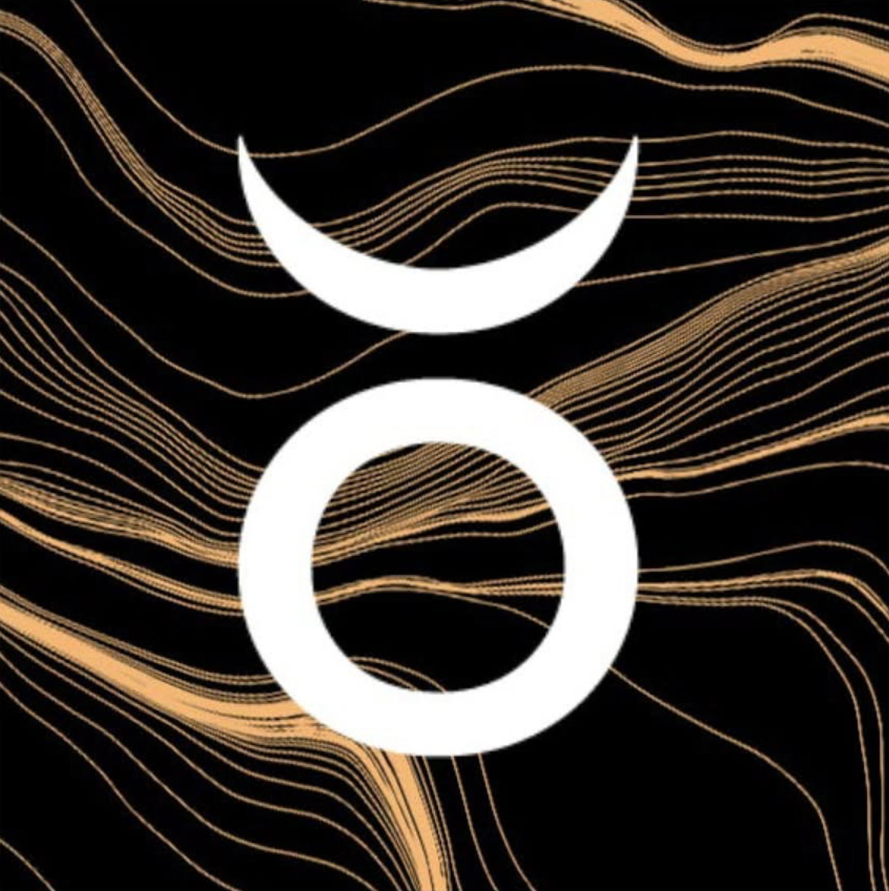 A black background with gold lines creating a flowing abstract pattern, featuring a white crescent moon and a circular ring, resembling a stylized design or logo.
