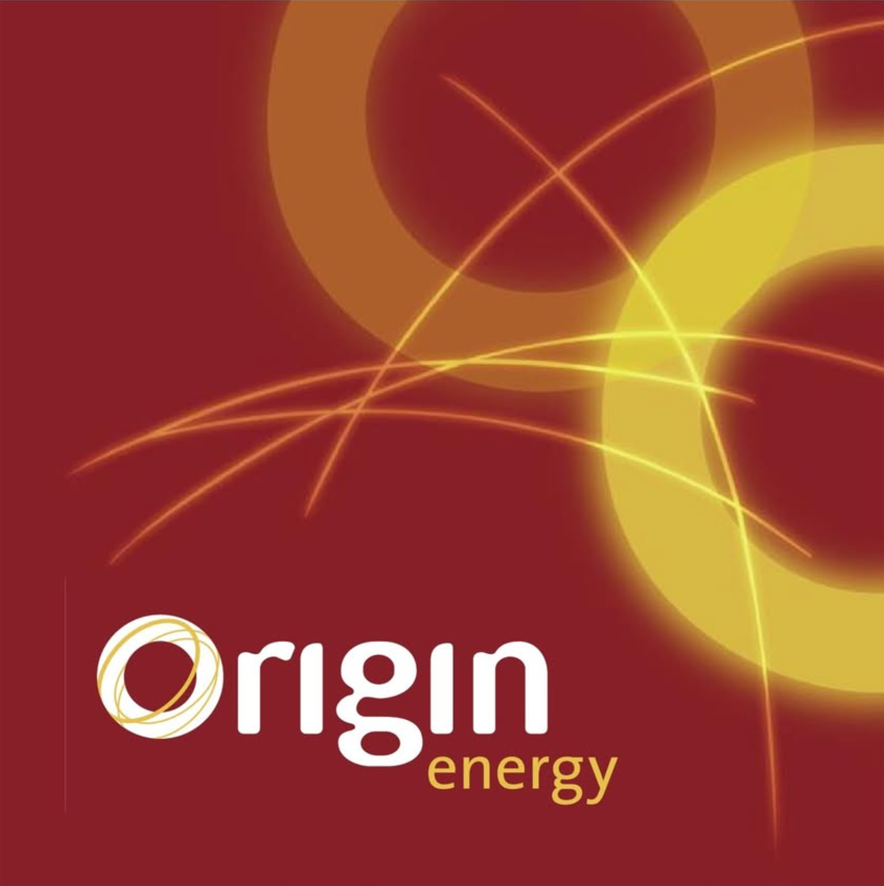 Abstract graphic with red and yellow swirling light lines and circles for Origin Energy.